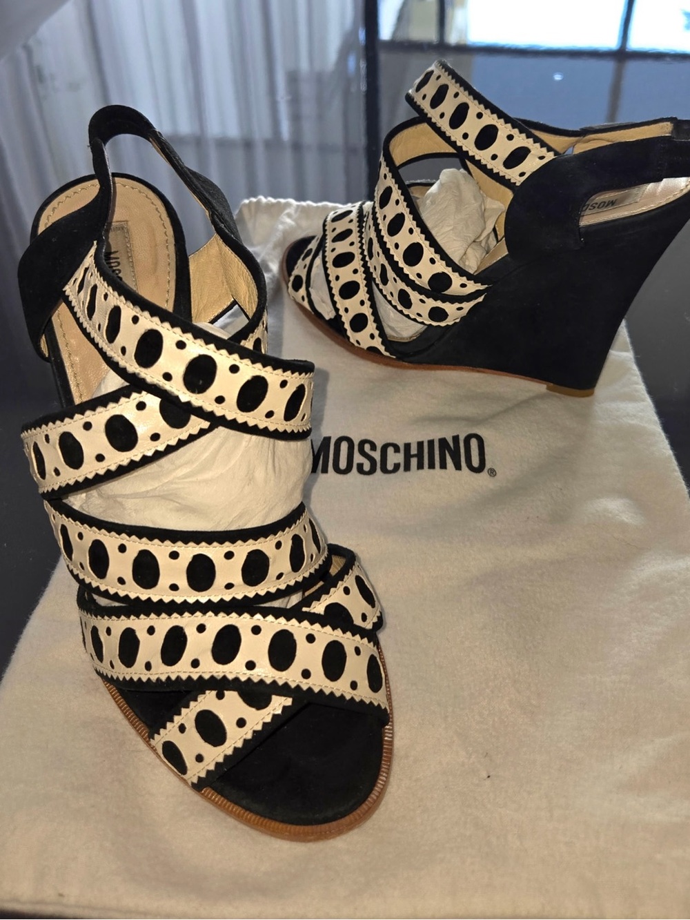 Moschino Black and White Suede Strap Leather Wedge Sandals. Size 39 (US 9)